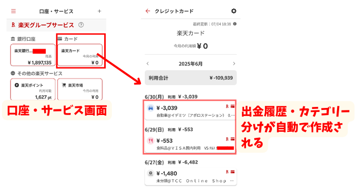 alt"楽天家計簿 楽天カード明細確認の図"