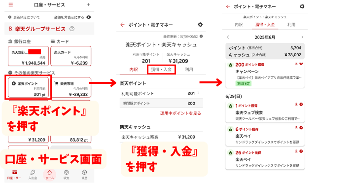 alt"楽天家計簿 楽天ポイント確認の図"