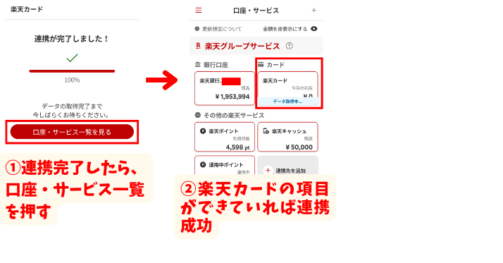 alt"楽天家計簿と楽天カード連携の図"