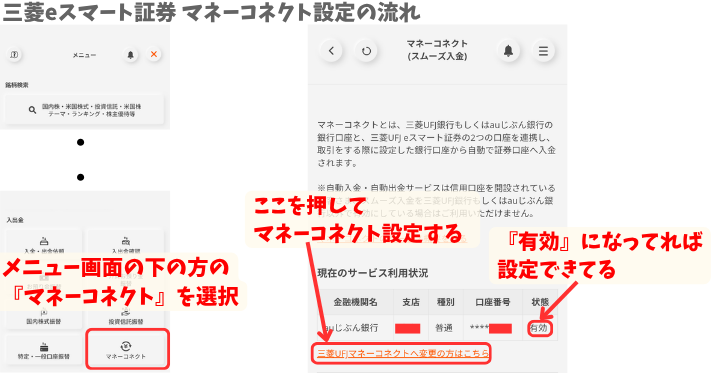 alt"三菱eスマート証券 マネーコネクト設定の流れ"