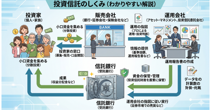 alt"投資信託のしくみ(販売会社、運用会社、信託銀行)"